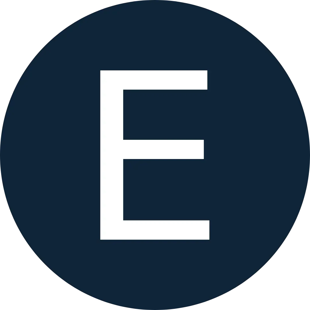 Bold white letter E centered on a solid dark blue square background.
