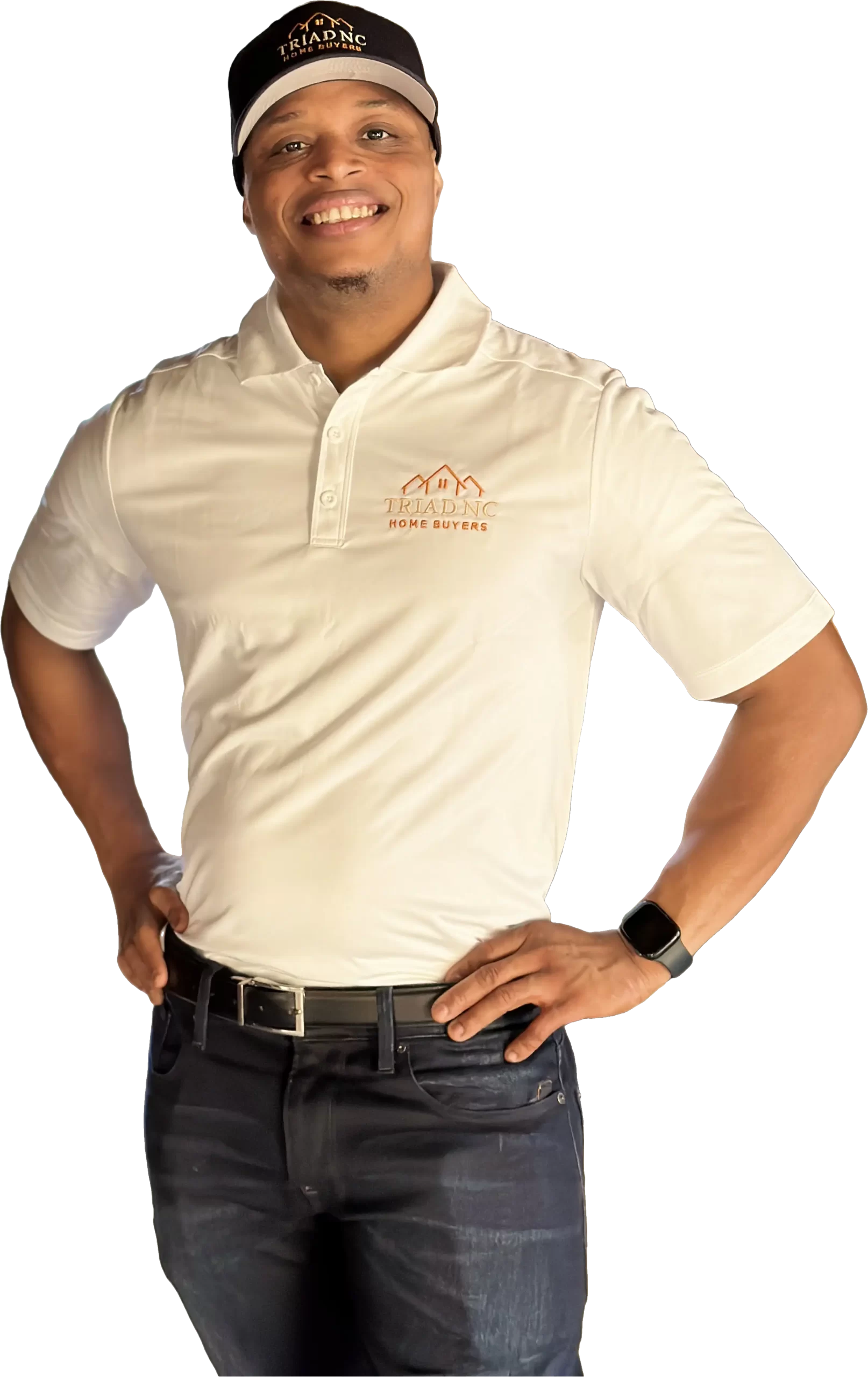 Close-up portrait of a male home buyer in a branded white shirt with hands on his hips.