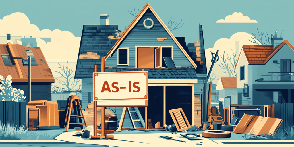 A weathered blue house undergoing exterior remodeling with ladders and construction materials visible.