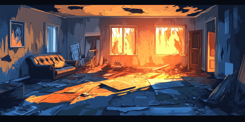Interior of a house showing severe fire damage with scorched walls and glowing debris.