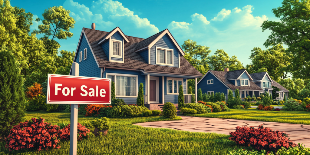 A blue two-story family home with a red "For Sale" sign in the yard under a clear sky.