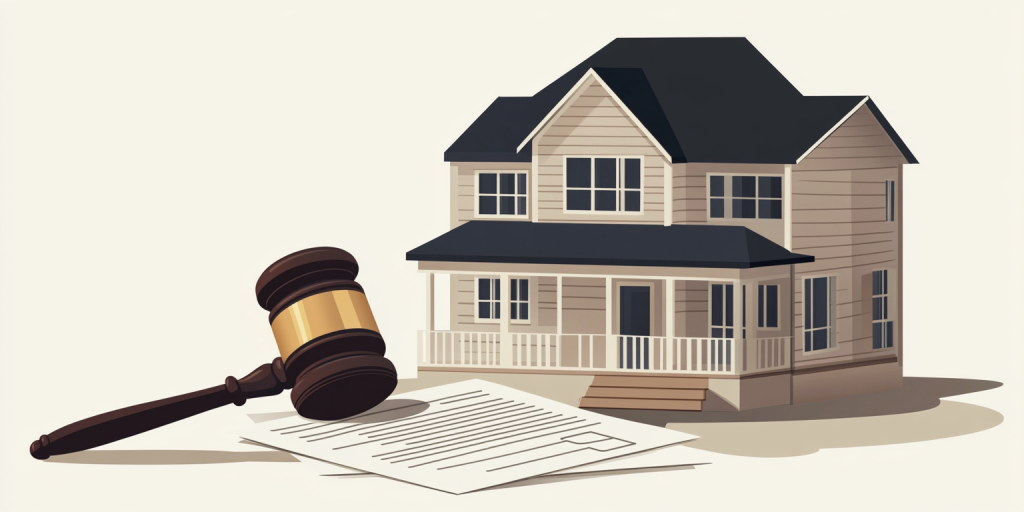 A wooden judge's gavel next to a small house model and signed legal real estate contracts.