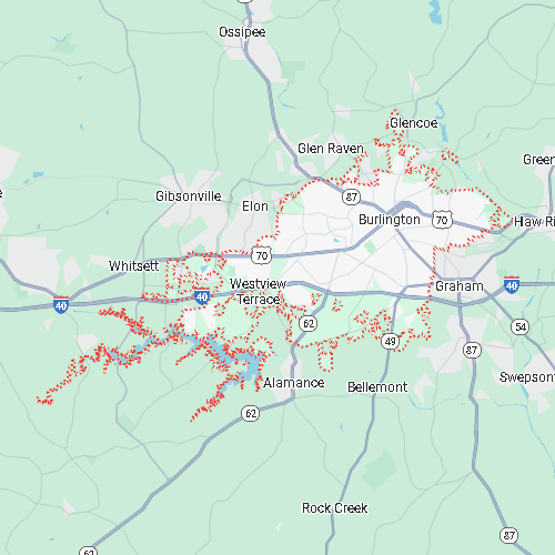 Map of Burlington, North Carolina, highlighted by a red dotted boundary including Westview Terrace and the Alamance area.