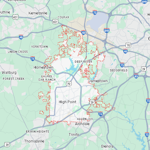 Map of High Point, North Carolina, highlighted by a red dotted boundary including Deep River and neighboring Jamestown.