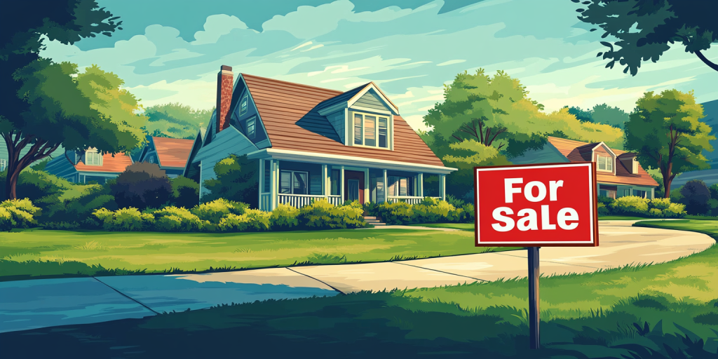 A two-story suburban home with a prominent red "For Sale" sign on the front lawn.