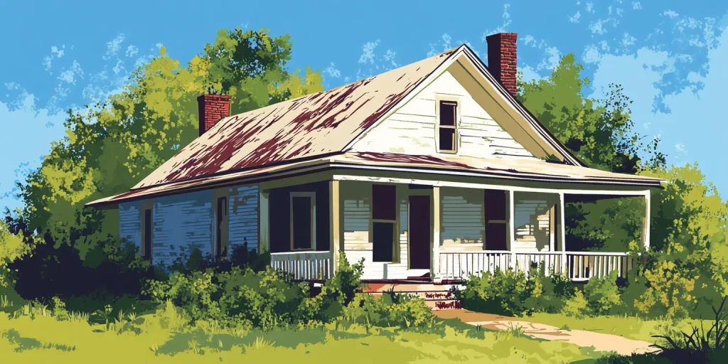 Exterior of an older, weathered cottage house with a brick chimney and overgrown grass.