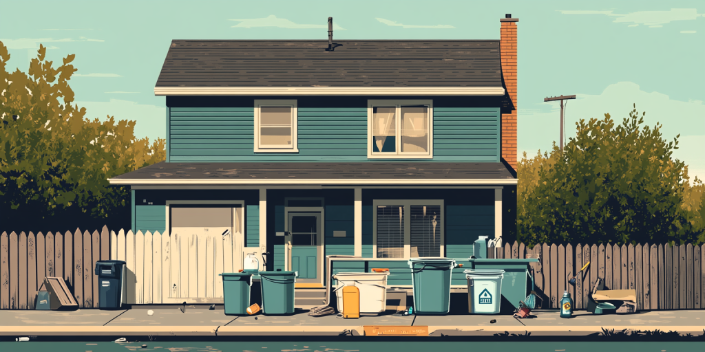 A two-story house with an overgrown front yard and signs of neglect.