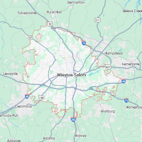 Map of Winston-Salem, North Carolina, highlighted by a red dotted boundary including neighboring areas like Clemmons and Kernersville.