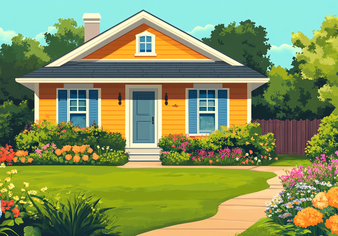 Bright illustration of a suburban home with a colorful garden and a red for-sale sign.