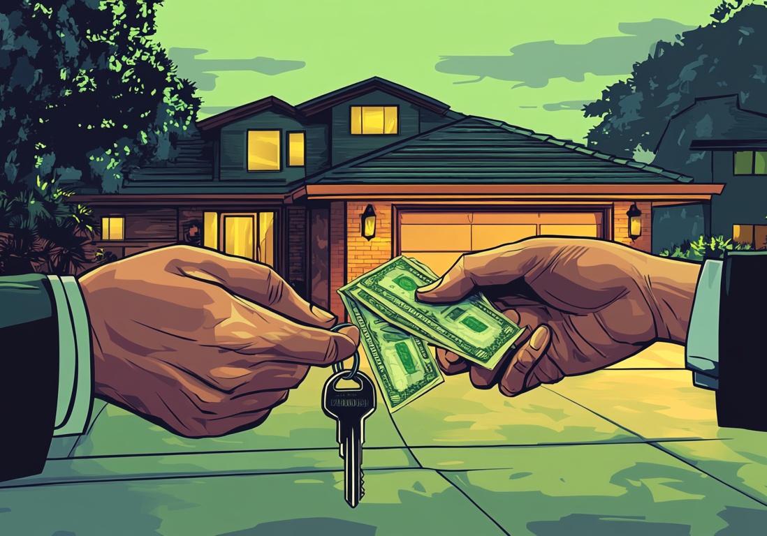 Close-up illustration of hands passing a stack of money in exchange for house keys at sunset.