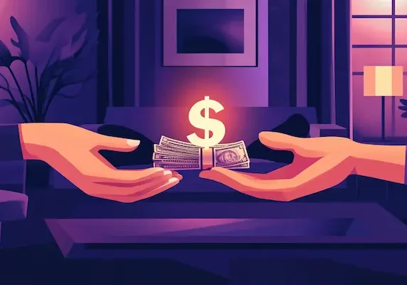 Hands exchanging a stack of dollar bills in a dimly lit, professional setting.