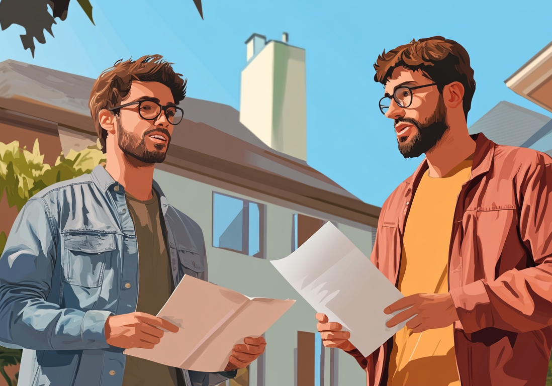 Two male real estate professionals in casual attire standing outdoors and reviewing property documents.