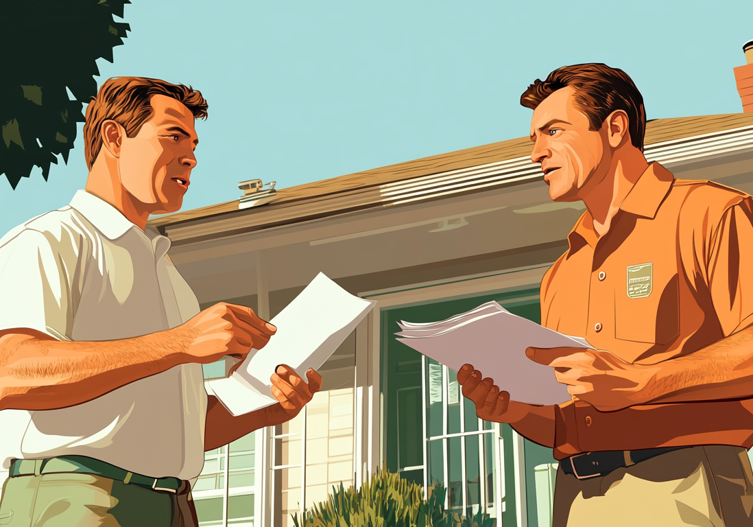 Two men in a suburban setting reviewing a property report and discussing sale terms.