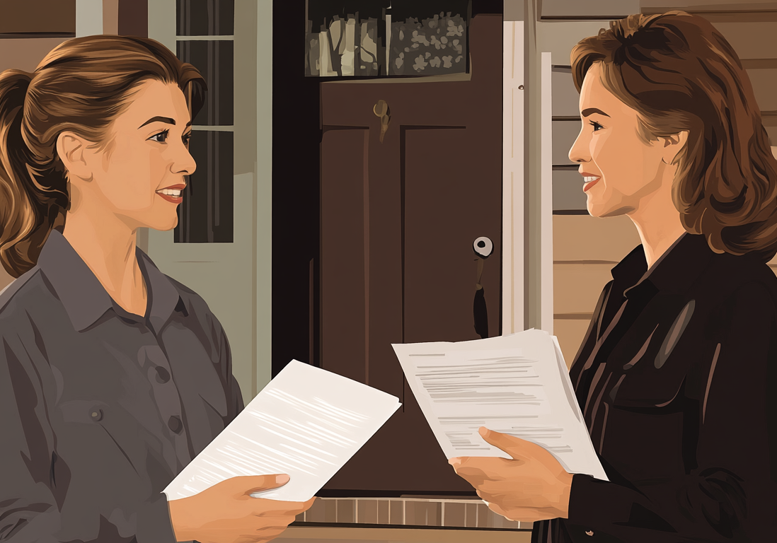 Two female real estate professionals in a suburban area reviewing paperwork together.