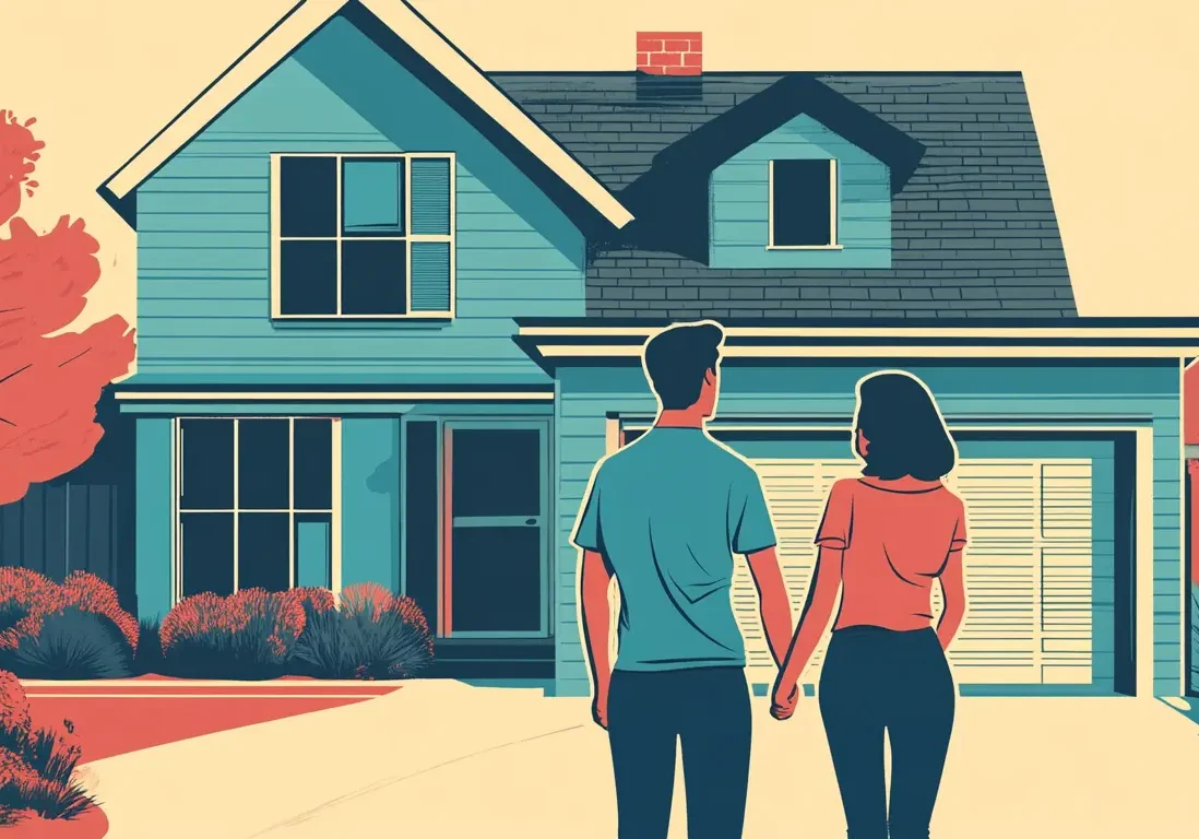 Back view of a couple standing in front of a modern home with a manicured front yard.