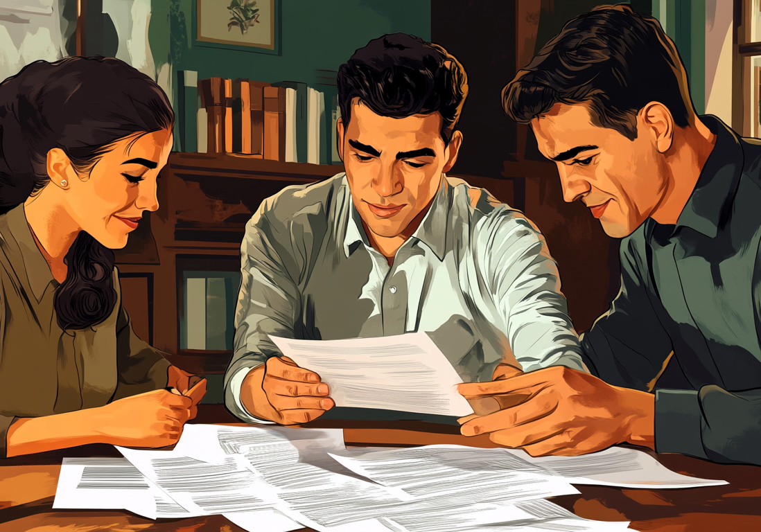 Three professionals sitting at a table focused on reviewing and signing property sale documents.