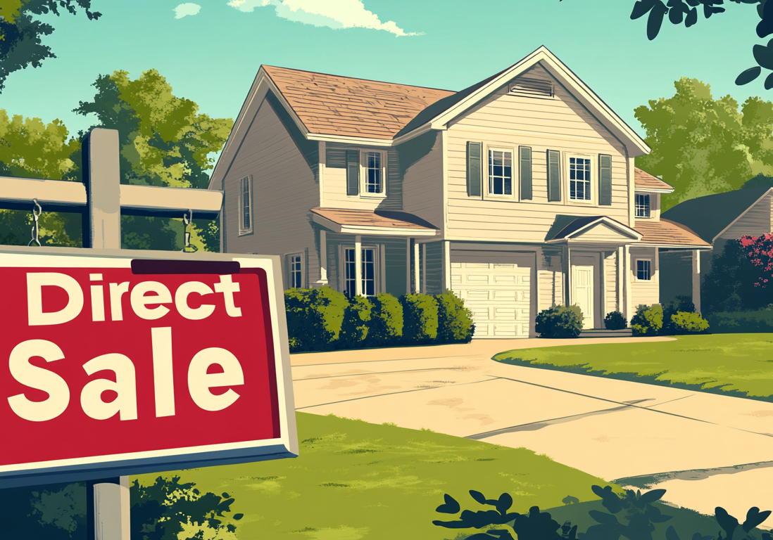 Suburban home listing featuring a prominent red "Direct Sale" sign on the lawn.