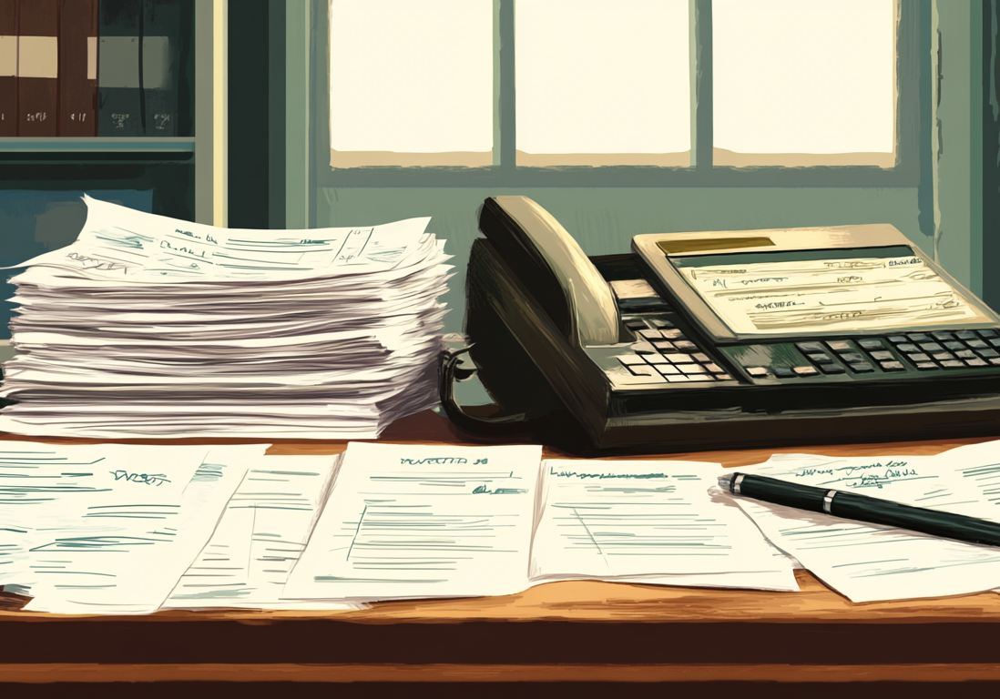 A professional office desk with a calculator, pen, and stacks of real estate legal paperwork.