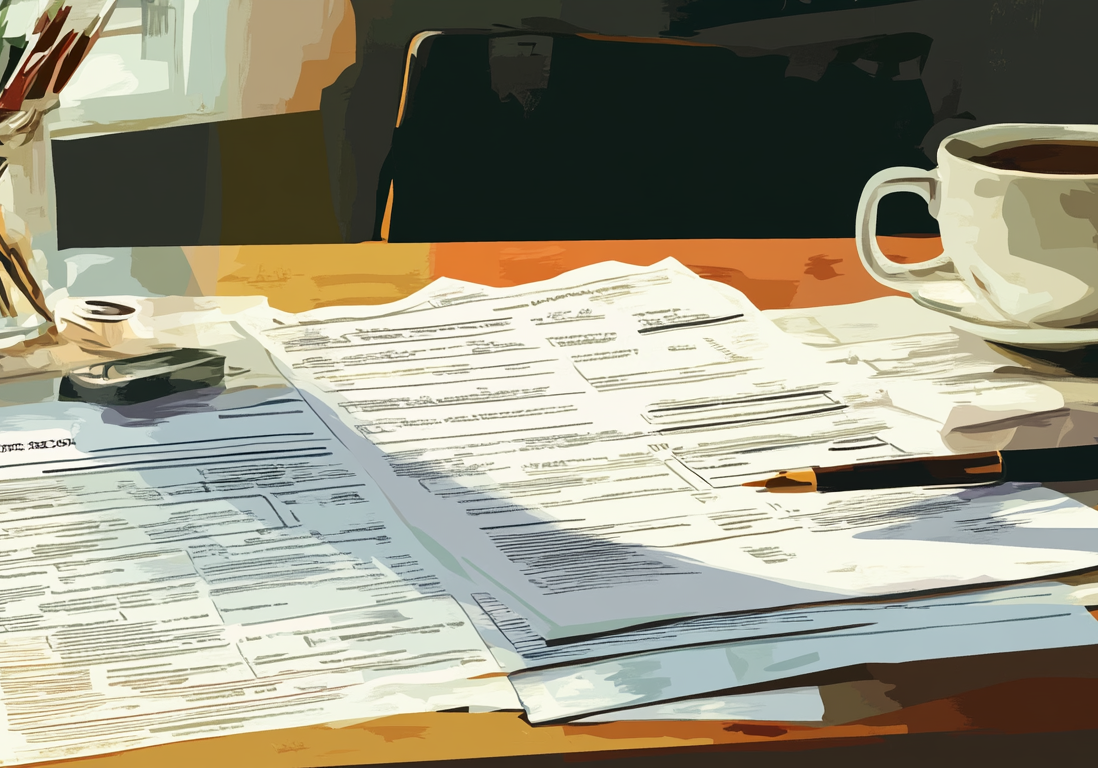 Close-up of a wooden table covered in residential real estate documents and a cup of coffee.