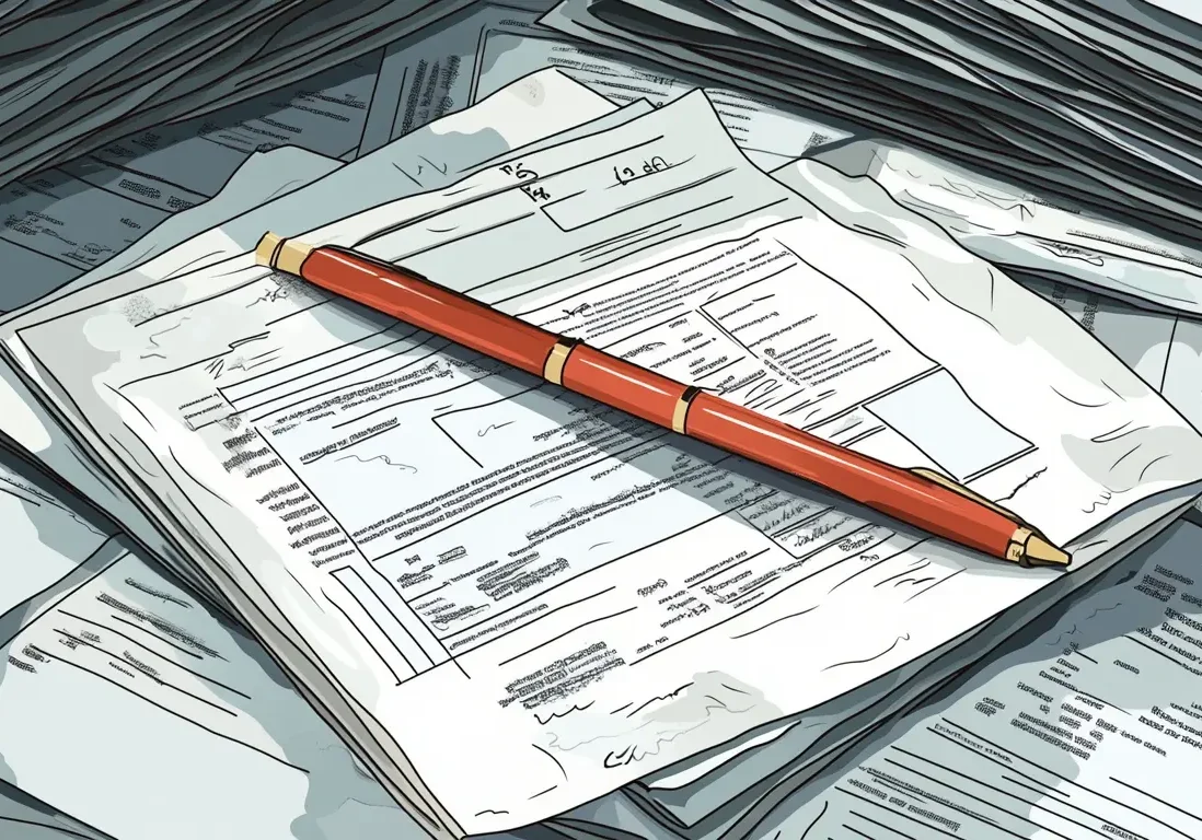 Detailed view of a real estate contract on a desk with a red pen resting on the document.