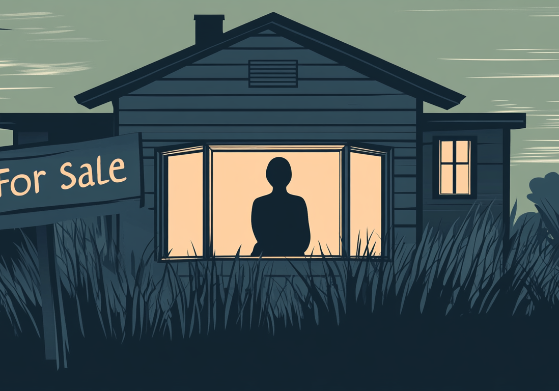 A dark silhouette of a house with a person visible in a lighted window and a "For Sale" sign outside.