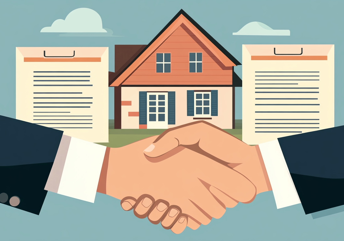 Illustration of two professionals shaking hands over a signed contract in front of a house.