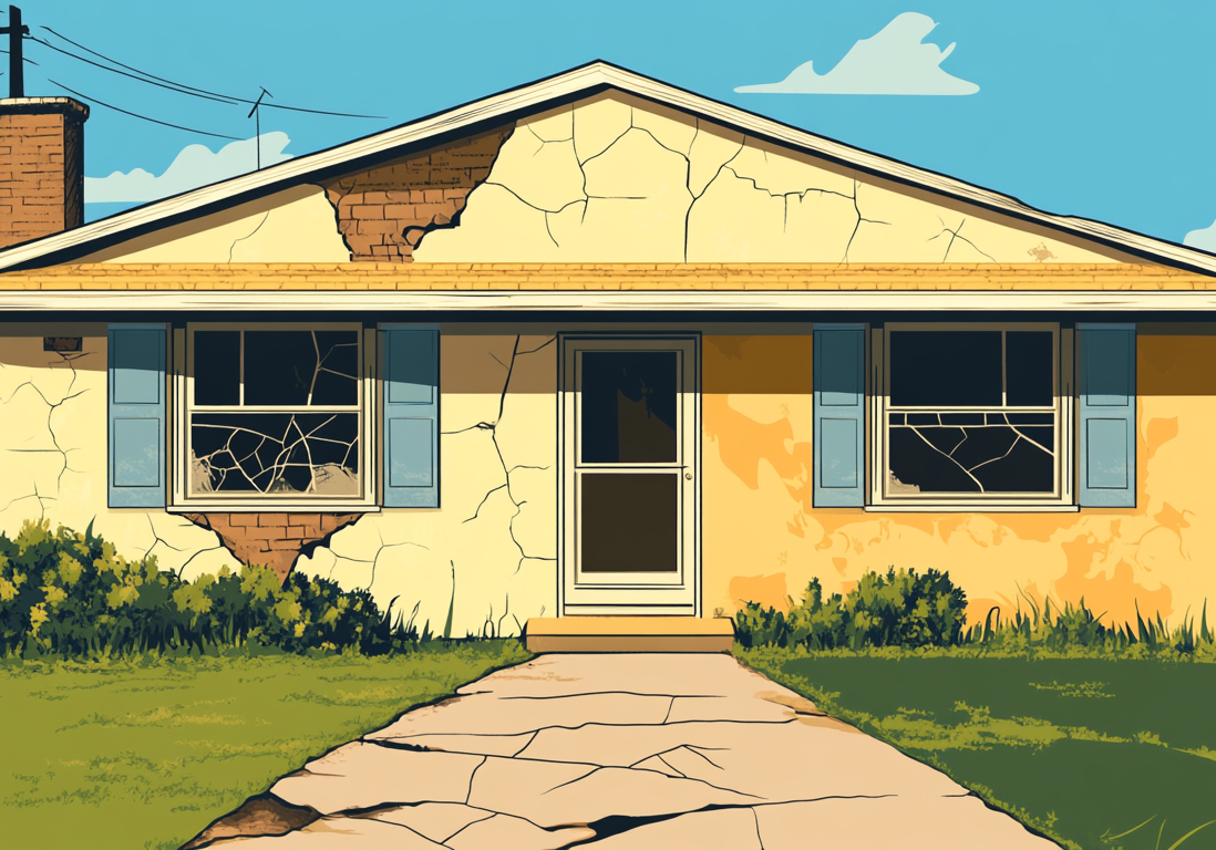 Exterior of a small yellow single-story cottage-style home with blue shutters and a small porch.