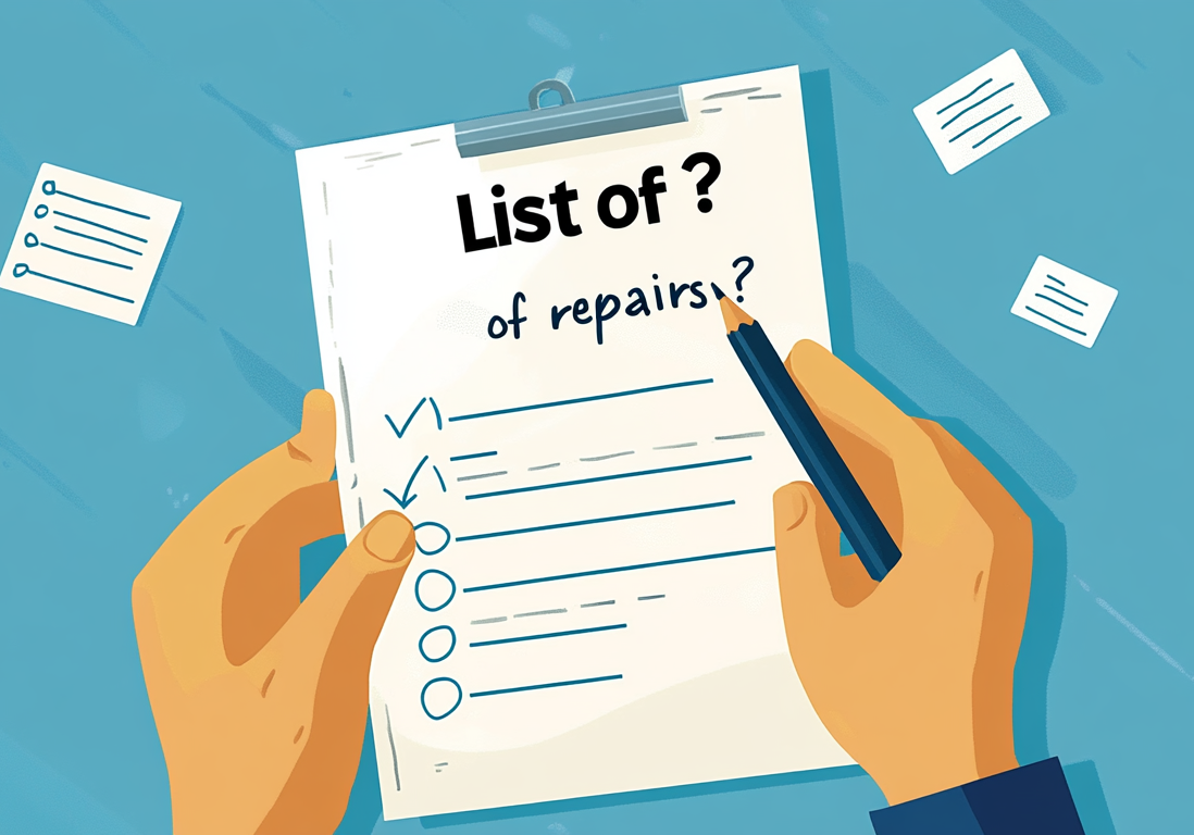 Illustration of hands holding a pen and a "List of Repairs" checklist in front of a house.