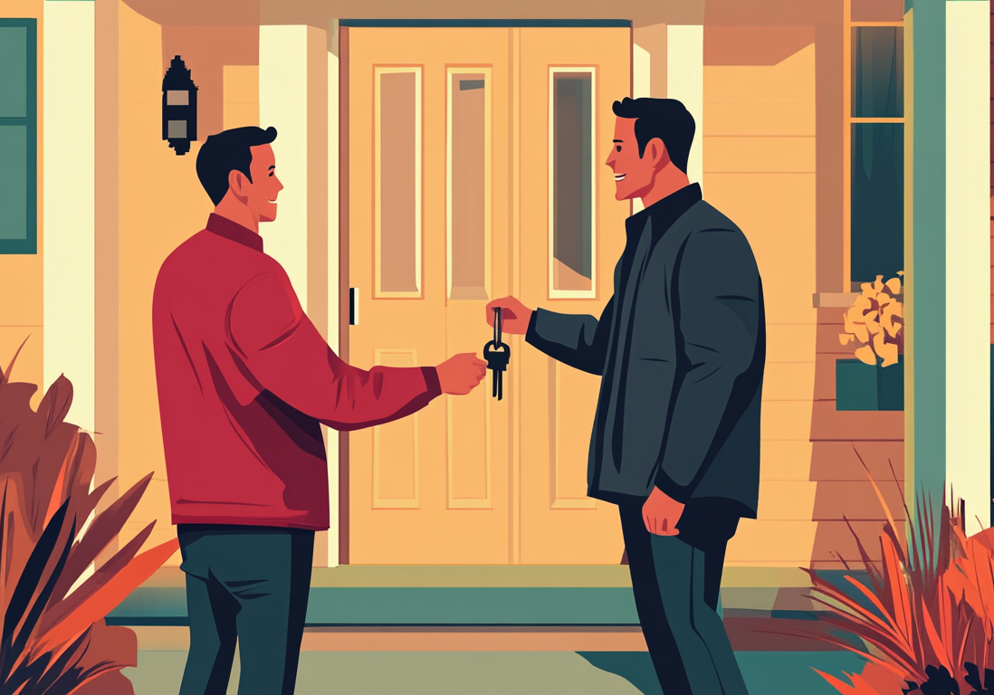Illustration of a homeowner handing house keys to a buyer in front of a residential home.